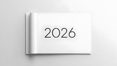 The number 2026 is printed in black on a clean white open book or album page. Clear details and v...の写真素材