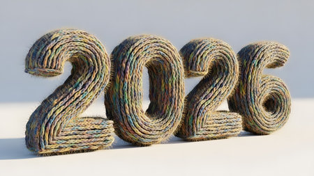 3D numbers 2026 crafted from textured yarn with fuzzy strands on a white surface. Clear details a...の写真素材