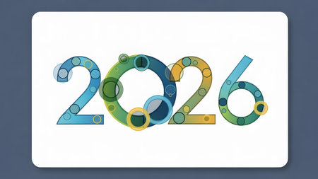 Colorful numbers 2026 with abstract circles and bubbles on a white background Clear details and v...