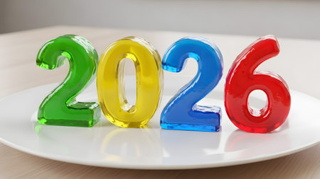 Description: showing colorful jelly numbers forming the year 2026 on a white plate :...