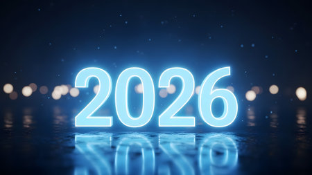 Bright blue neon numbers 2026 glow against a dark background with bokeh lights and reflections