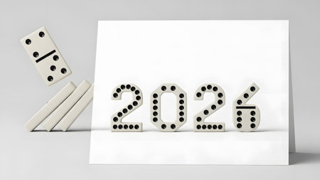 White dominoes falling to the left of 2026 numbers on a white surface. Clear details and vibrant ...