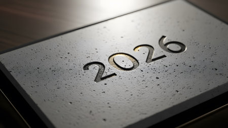 Engraved year 2026 on a textured concrete plaque with a metallic sheen. Clear details and vibrant...の写真素材