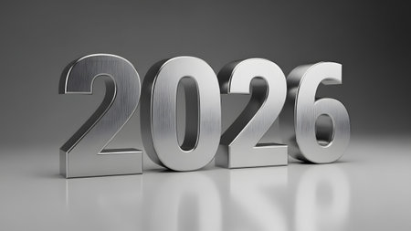 Description: showing metallic 3d numbers 2026 with brushed metal texture : 2026, new...