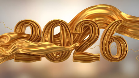 Luxurious golden fabric flowing around 3D numbers forming the year 2026 with light streaks.
