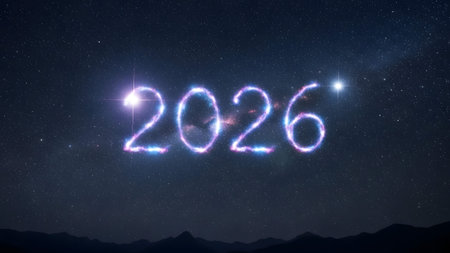 Glowing numbers 2026 float in a starry night sky with nebulae and distant mountains. Clear detail...