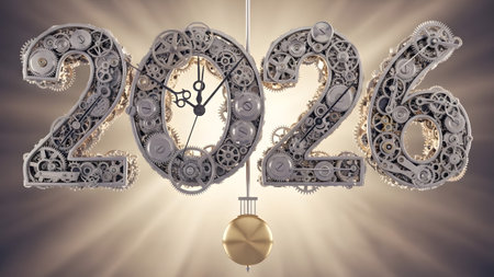Detailed clockwork numbers 2026 with a clock face and pendulum, illuminated by warm light.