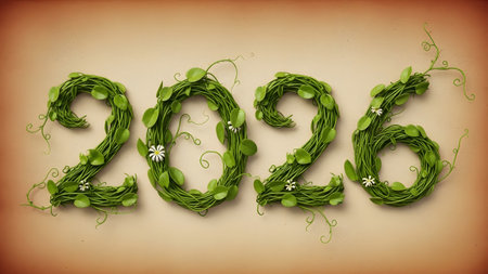 Numbers 2026 formed by green vines and leaves with small white flowers on beige. Clear details an...の写真素材
