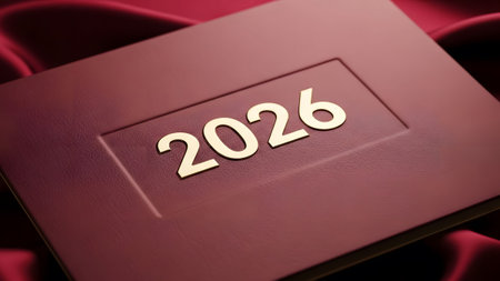 Gold year 2026 embossed on a burgundy leather cover with a silk drape. Clear details and vibrant ...