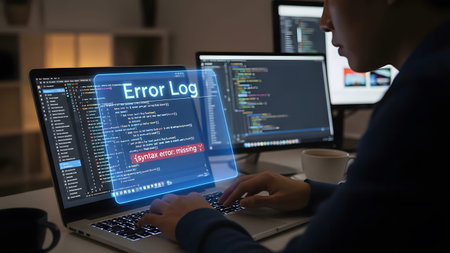 Programmer debugs code on laptop showing a syntax error message on the screen. Clear details and ...