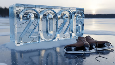 Cracked ice numbers 2026 are on a frozen surface with brown leather ice skates. Clear details and...の写真素材