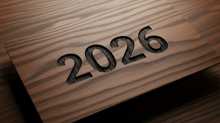 Carved year 2026 on a dark walnut wood texture with visible grain Clear details and vibrant color...の写真素材