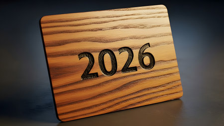 Engraved year 2026 on a light wood grain surface with a subtle gradient background Clear details ...の写真素材