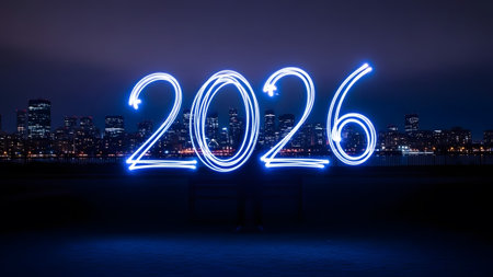 The year 2026 written in glowing blue neon light painting against a city skyline. Clear details a...の写真素材