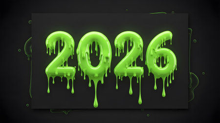 The year 2026 is depicted in bright neon green, dripping slime on a dark textured background.の写真素材
