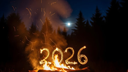 The year 2026 is created by light painting with sparks from a campfire at night. Clear details an...の写真素材
