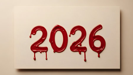 Red wax numbers 2026 are dripping down a smooth, light-colored surface. Clear details and vibrant...の写真素材