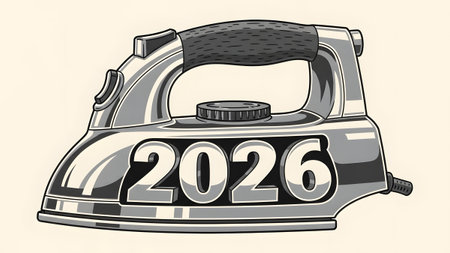 A shiny, vintage iron with the number 2026 prominently displayed on its side. Clear details and v...