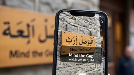 Smartphone screen displays augmented reality translation of Arabic text to English. Clear details...の写真素材