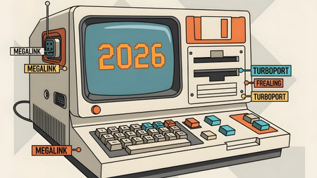 Display showing retro computer with labeled ports : retro computer,...