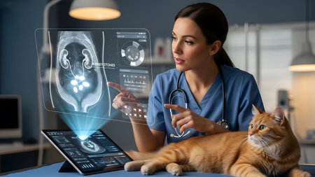 Veterinarian uses tablet displaying holographic kidney stones scan next to a ginger cat.