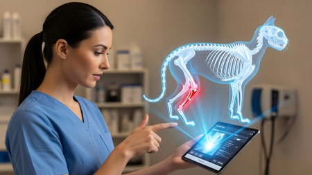 Veterinarian examines holographic cat skeleton on tablet showing injured leg with red highlights.の写真素材