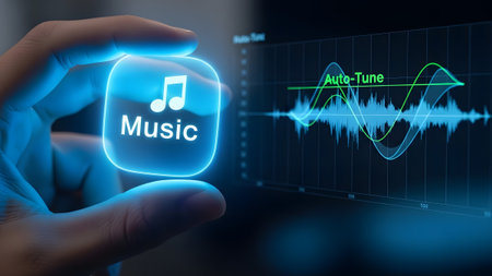 Hand touches a glowing music app icon next to a digital audio waveform display. Clear details and...の写真素材