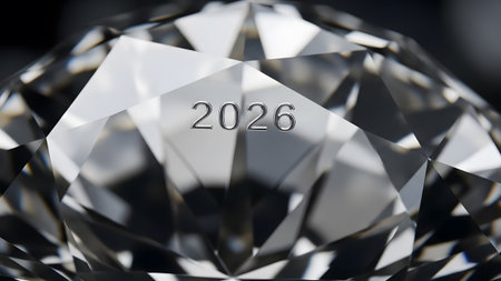 A close-up view of a clear diamond with the year 2026 engraved on its surface. Clear details and ...の写真素材