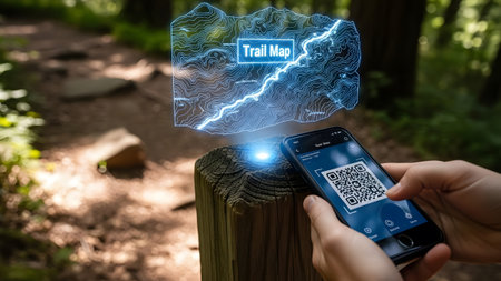 Smartphone scans QR code on a wooden post, projecting a holographic trail map in a forest.の写真素材