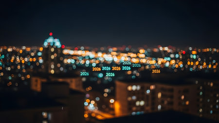 Blurred city lights at night with the year 2026 overlaid in digital text Clear details and vibran...の写真素材
