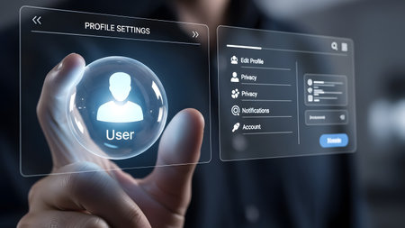 A hand touches a glowing user profile settings interface with a digital avatar. Clear details and...の写真素材