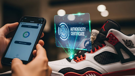 Smartphone scans collectible sneakers displaying a holographic authenticity certificate.の写真素材