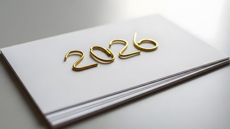 A close-up view of shiny gold 2026 numbers resting on a stack of white paper. Clear details and v...の写真素材