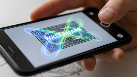 Smartphone displays a banknote with a prominent glowing watermark effect. Clear details and vibra...の写真素材