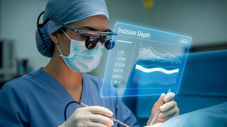 Surgeon in OR uses AR headset displaying incision depth data during surgery. Clear details and vi...の写真素材