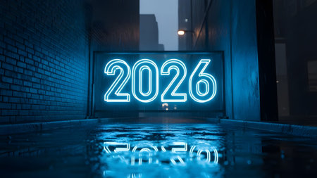 A blue neon sign displaying 2026 glows in a wet alleyway reflecting in a puddle. Clear details an...の写真素材