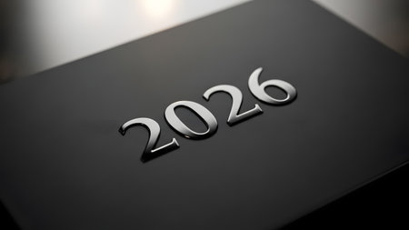 Silver numbers 2026 on a dark, highly reflective surface with subtle lighting. Clear details and ...の写真素材