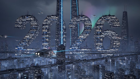 A dark, futuristic cityscape with giant 2026 buildings and hovering vehicles. Clear details and v...の写真素材