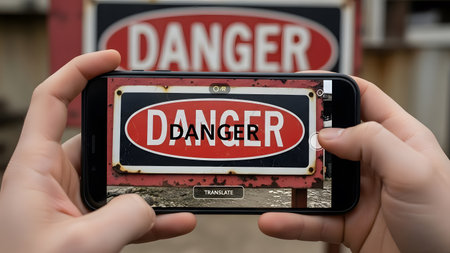 Hands holding smartphone translating a rusty metal DANGER warning sign using AR technology.の写真素材