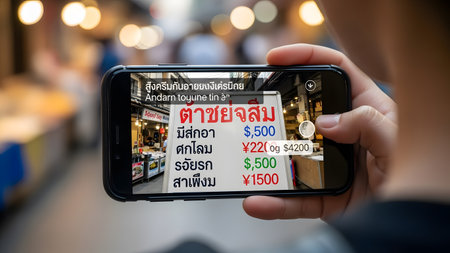 Smartphone screen shows AR translation of a Thai market sign with prices and currency Clear detai...の写真素材