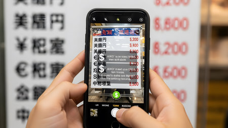 Smartphone screen shows augmented reality translation of Japanese text and prices to English.の写真素材