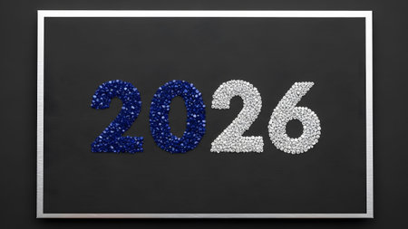 The year 2026 is presented in blue and white glittering gems on a dark board. Clear details and v...の写真素材