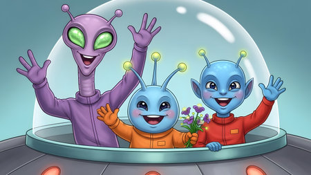 Three cheerful cartoon aliens with big eyes and smiles waving from inside a spaceship. Clear deta...の写真素材