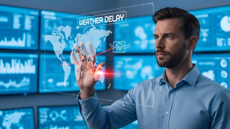 Man touching a holographic world map displaying weather delay information and storm icons.の写真素材