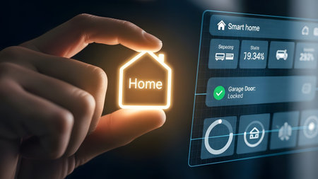 Thumb and forefinger holding a glowing house icon next to a smart home interface. Clear details a...