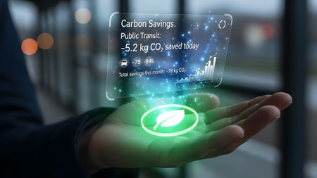 Hand holding a glowing holographic display showing carbon savings data and a leaf icon. Clear det...の写真素材