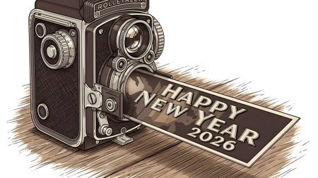 A vintage camera ejects a photograph with Happy New Year 2026 text on a wooden surface. Clear det...の写真素材