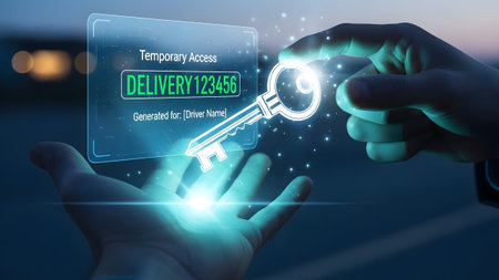Hand holds glowing digital key and temporary access delivery code hologram. Clear details and vib...