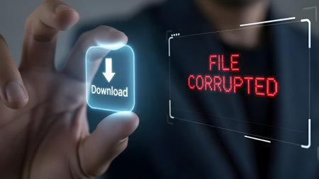 Hand holding a download button next to a digital interface displaying a file corrupted error message
