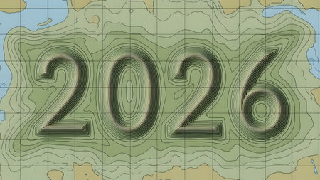 The numbers 2026 are embossed with contour lines on a green topographic map background. Clear det...